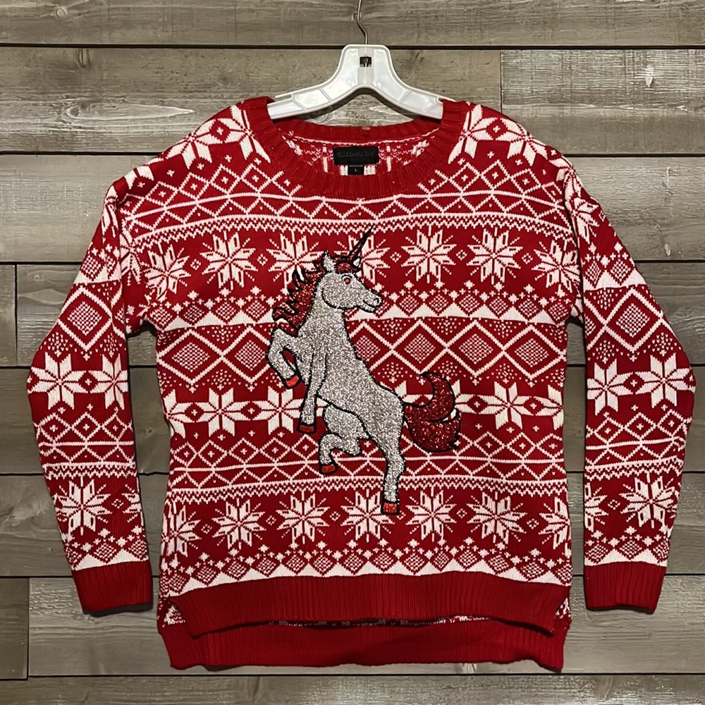 Large Blizzard Bay Ugly Christmas Sweater Sparkle Shiny Majestic Unicorn New